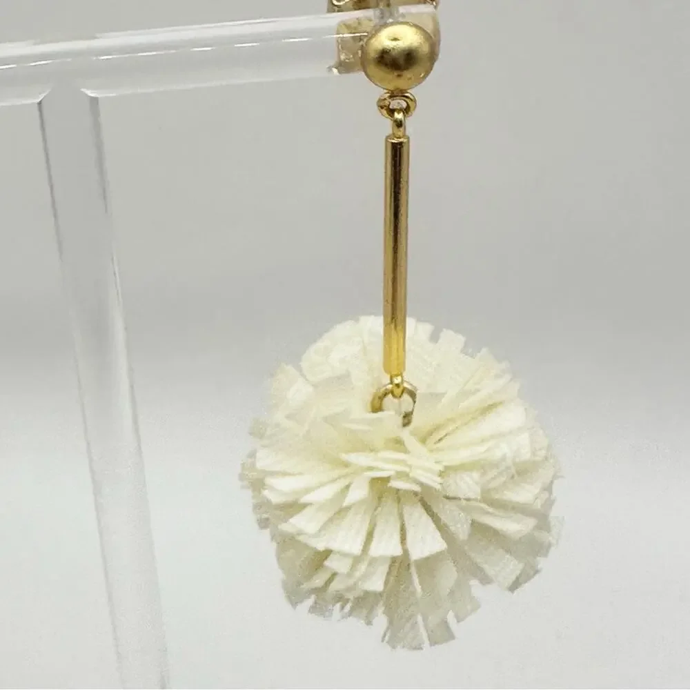 J CREW Pom Pom Earrings Dangle Drop Carnation Flower Gold tone Casual Jewelry